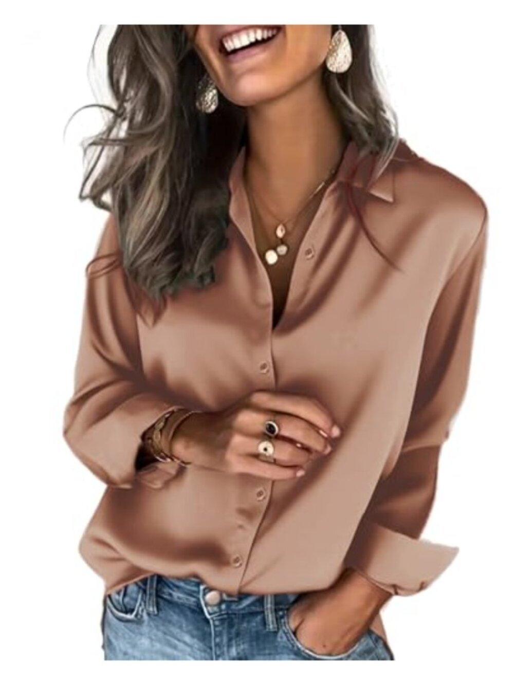 Satin Button Down Shirt Women's Long Sleeve Silk Blouse Business Casual Top